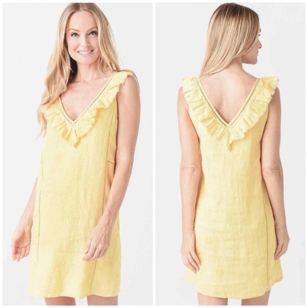 FAHERTY Ellis Yellow Organic Linen Eyelet Ruffle Summer Shift Dress Size Small